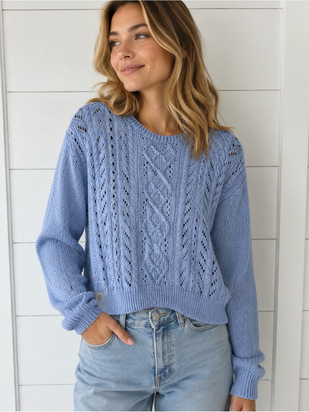 Polo Ralph Lauren M blue 100% Linen lightweight cable knit crew neck popover